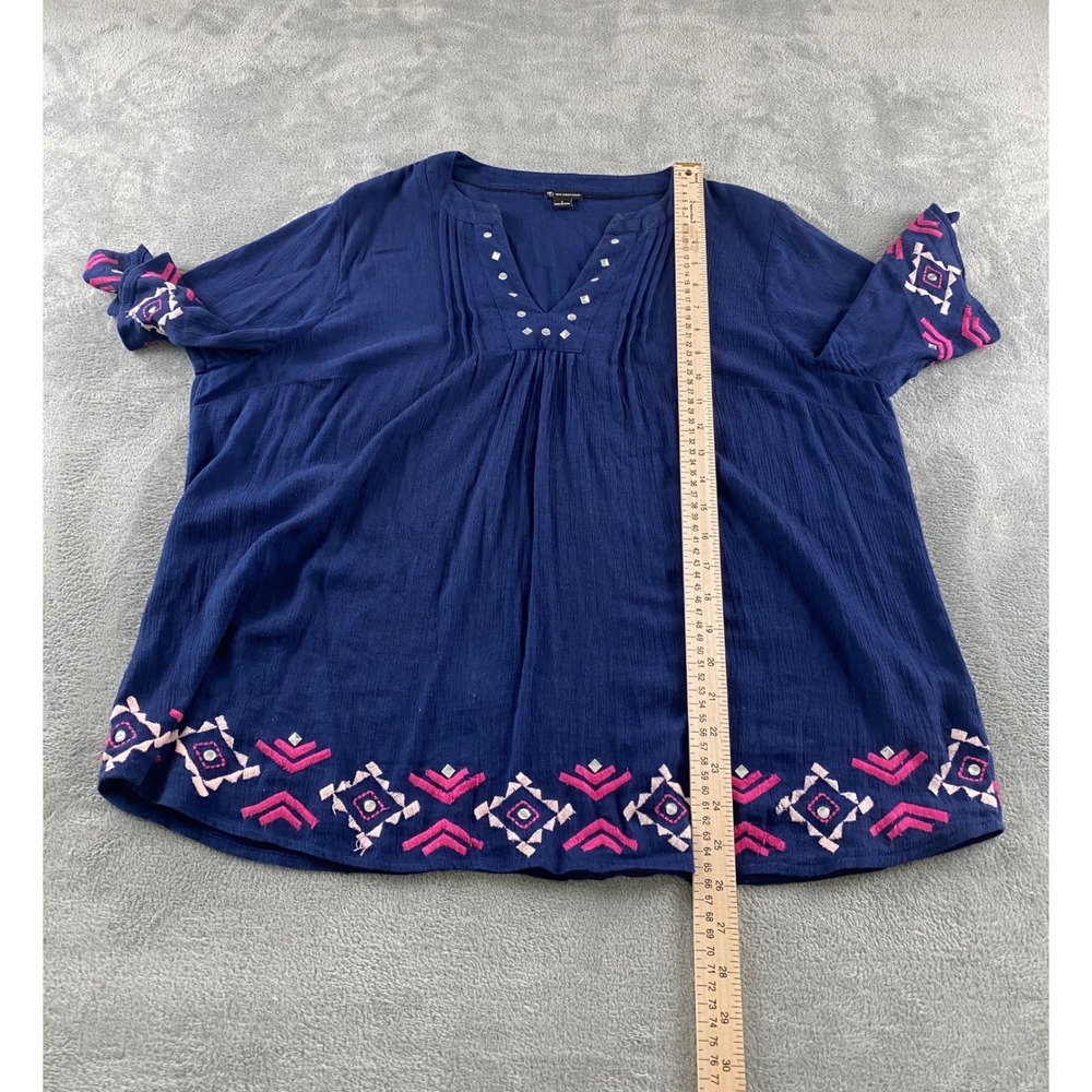 New Directions Navy Blue Embroidered Studded Peasant Blouse Top Womens Large L - Picture 9 of 13